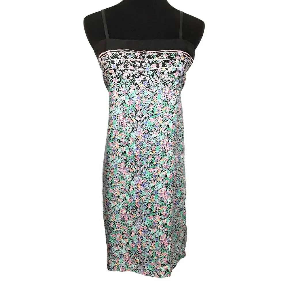 Vintage 80s Silk Slip Dress Ditsy Floral Shift Mini Dress Coquette Womens L